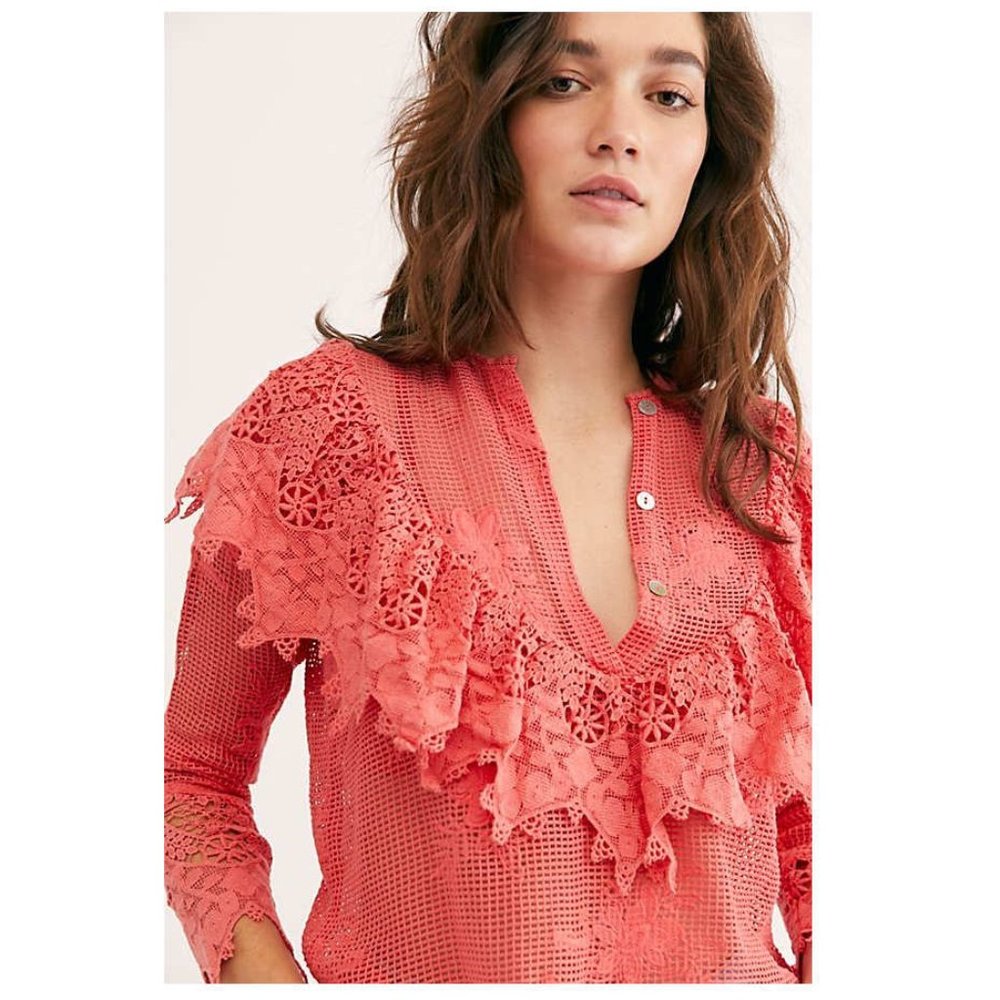 Jen's Pirate Booty Lace Ruffle Seaside Net-mesh Blouse L Coral